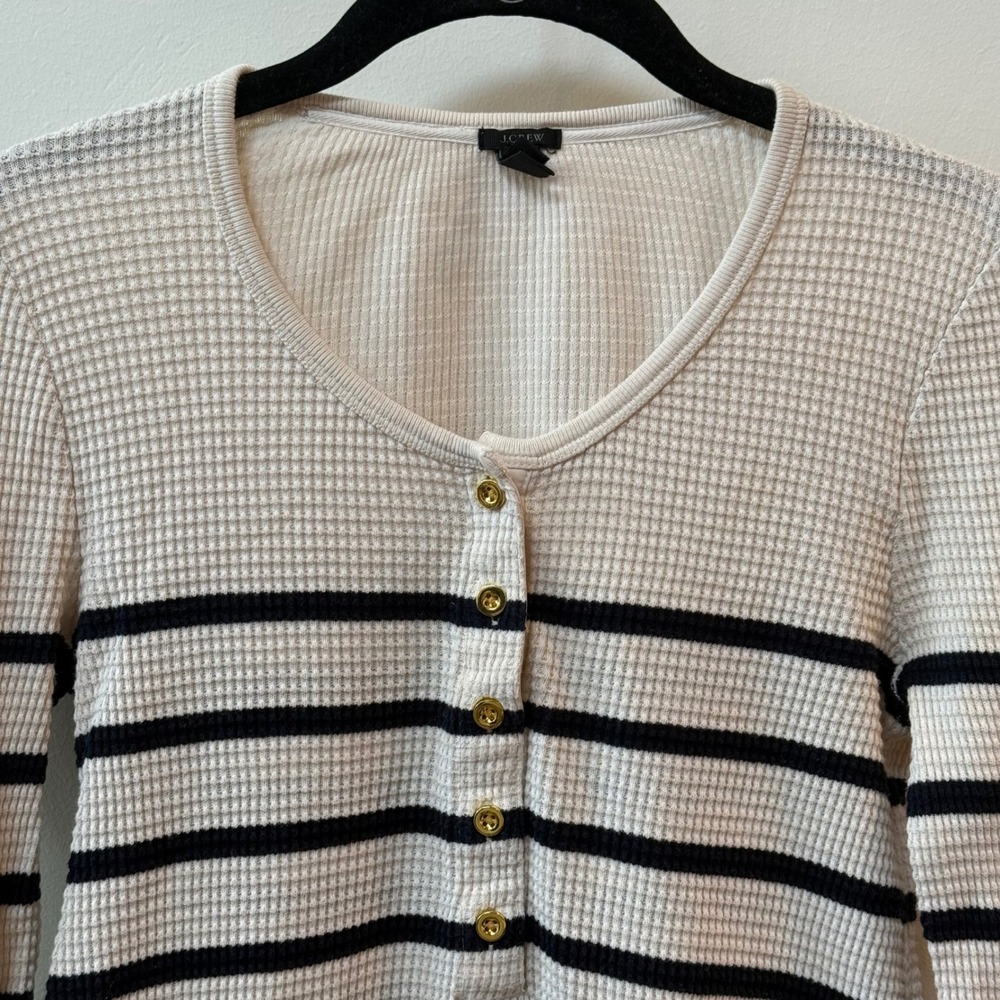 J Crew Henley Shirt Women S Waffle Knit Stripe Minimalist Capsule Heritage Prep - Picture 2 of 9
